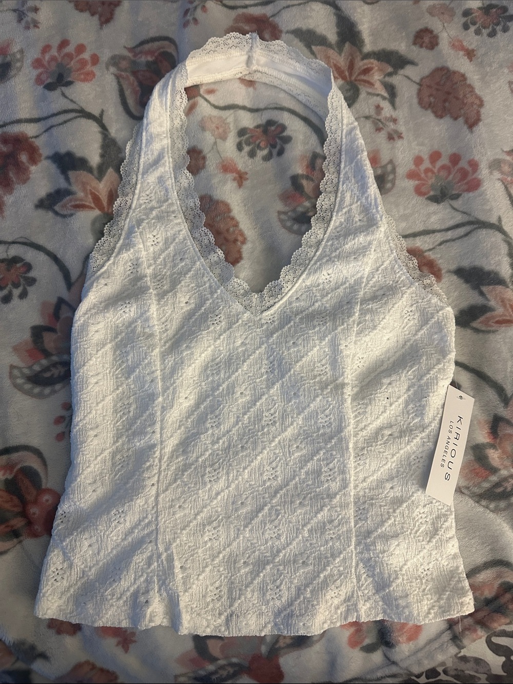 Kirious White Lace-Trim Halter Tank Top